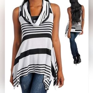 Womens Black White Striped Sleeveless Cowl Neck Sweater Top S